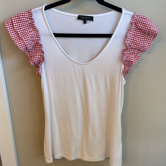 1. State Womens Small Ruffle Sleeve Knit Top Gingham S Feminine Top Americana - Picture 1 of 6